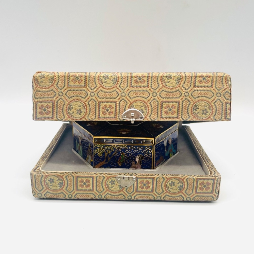 Peking Jewelry Cloisonne Enamel 7-Piece Puzzle Trinket Box Set Blue Floral - Picture 17 of 17